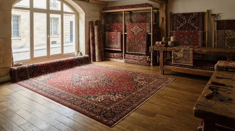 Tapis persan ancien déployé dans un atelier artisanal